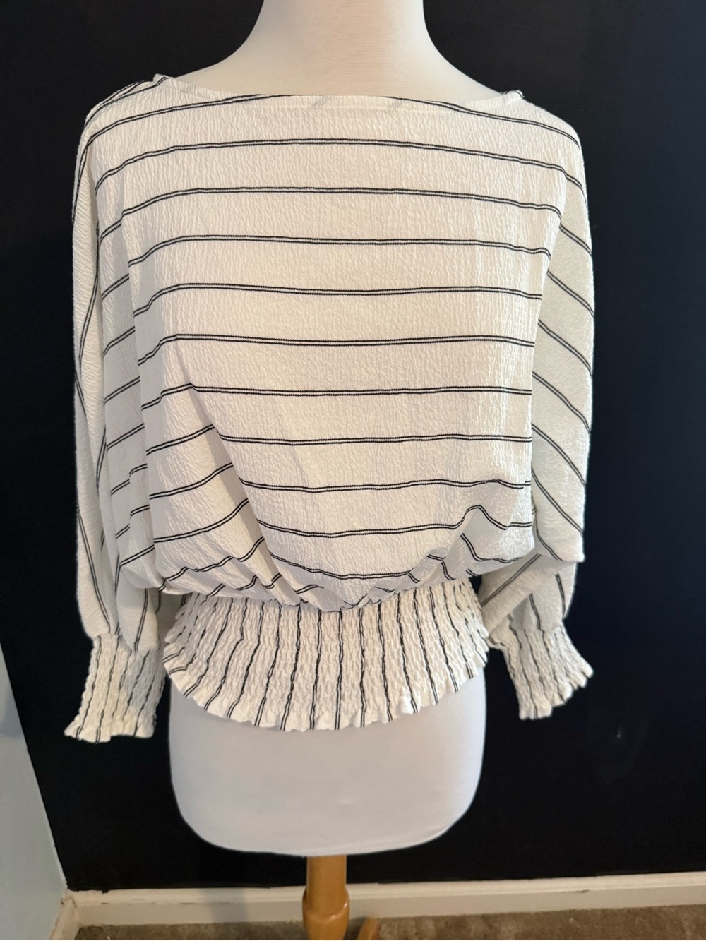 Zara White and Black Striped Smocked bottom Top small